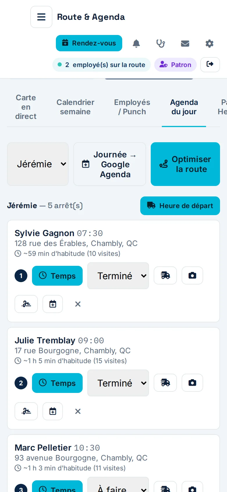 Agenda du jour d'un employé dans GestionTerrain : arrêts avec heures, adresses et statut